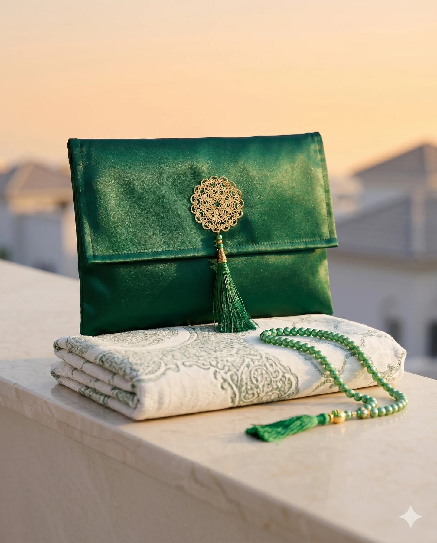 Coffret de prière Émeraude — Tapis chenille, pochette & tasbih