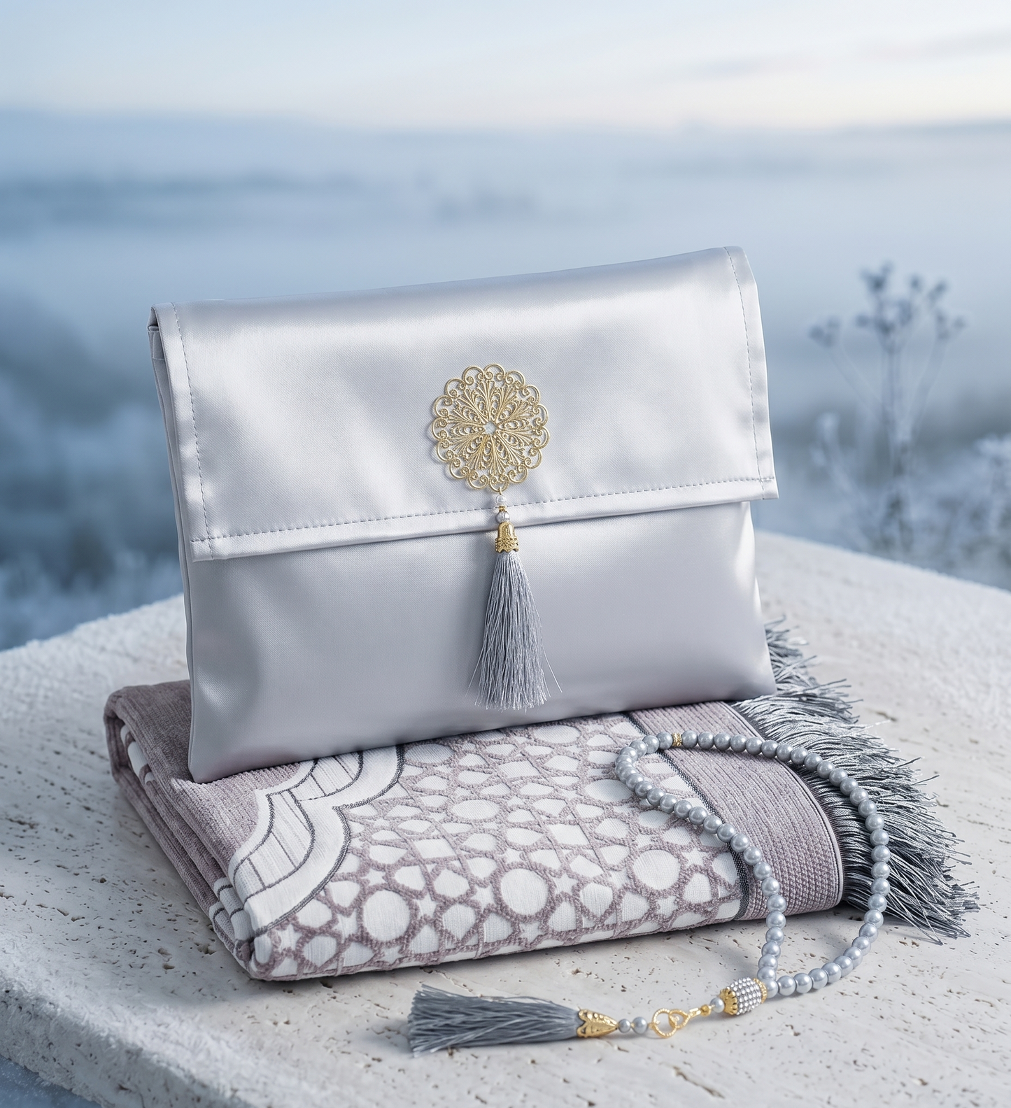 Coffret de prière Blanc — Tapis chenille, pochette & tasbih
