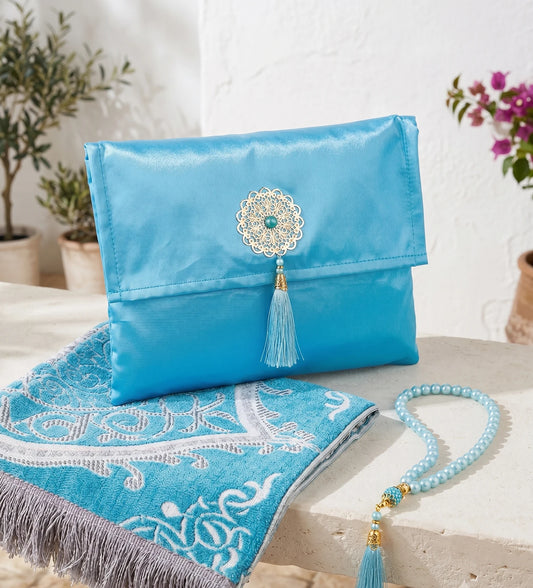 Coffret de prière Turquoise — Tapis chenille, pochette & tasbih