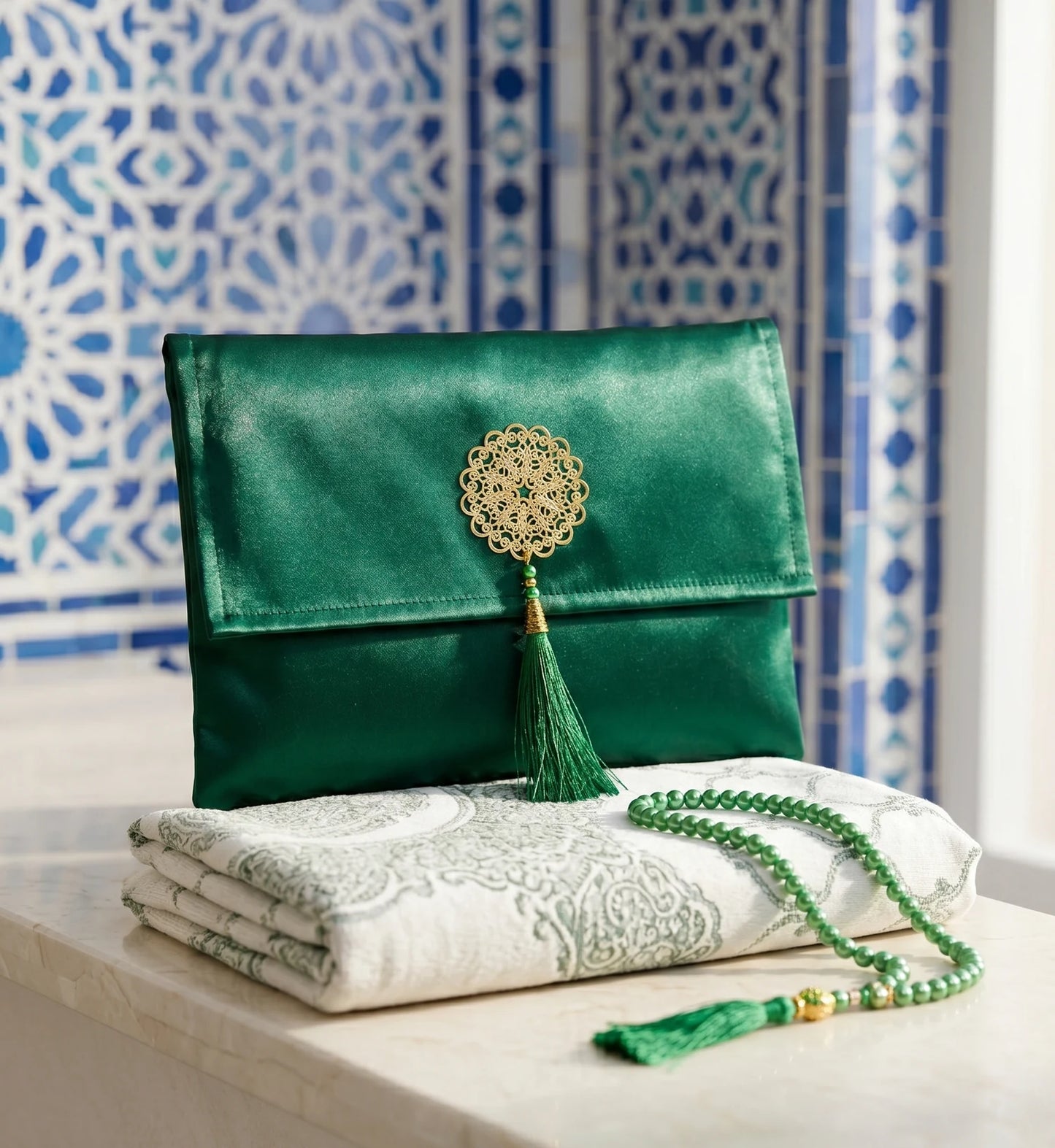 Coffret de prière Émeraude — Tapis chenille, pochette & tasbih
