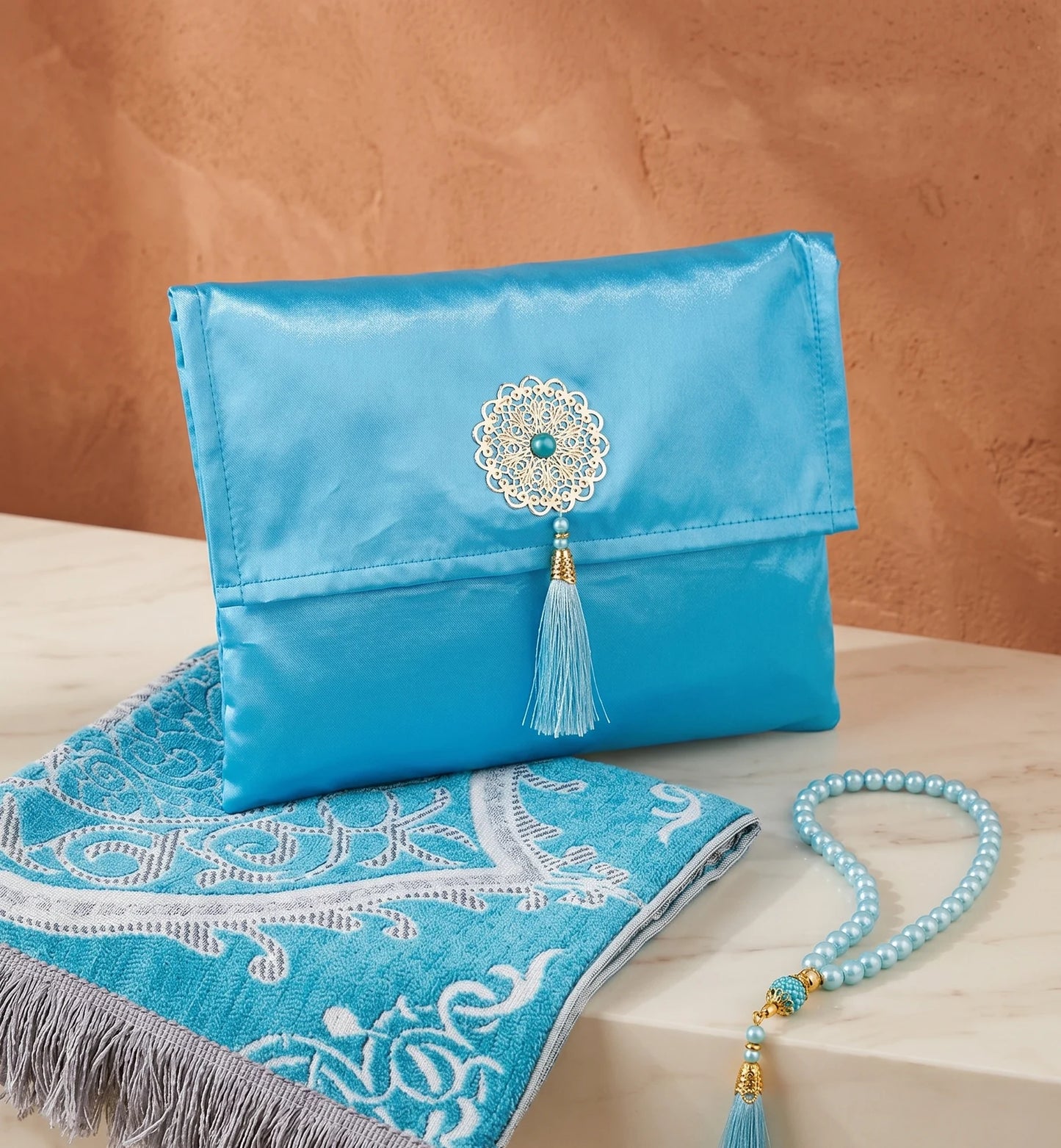Coffret de prière Turquoise — Tapis chenille, pochette & tasbih