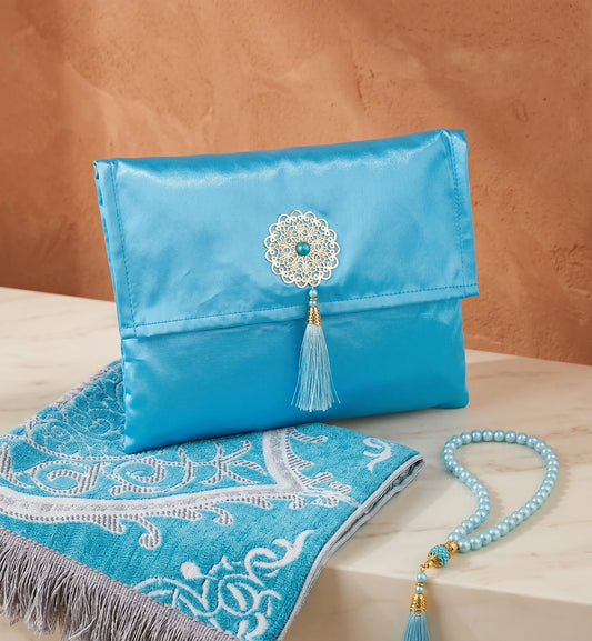 Coffret de prière Turquoise — Tapis chenille, pochette & tasbih