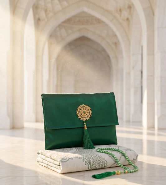 Coffret de prière Émeraude — Tapis chenille, pochette & tasbih
