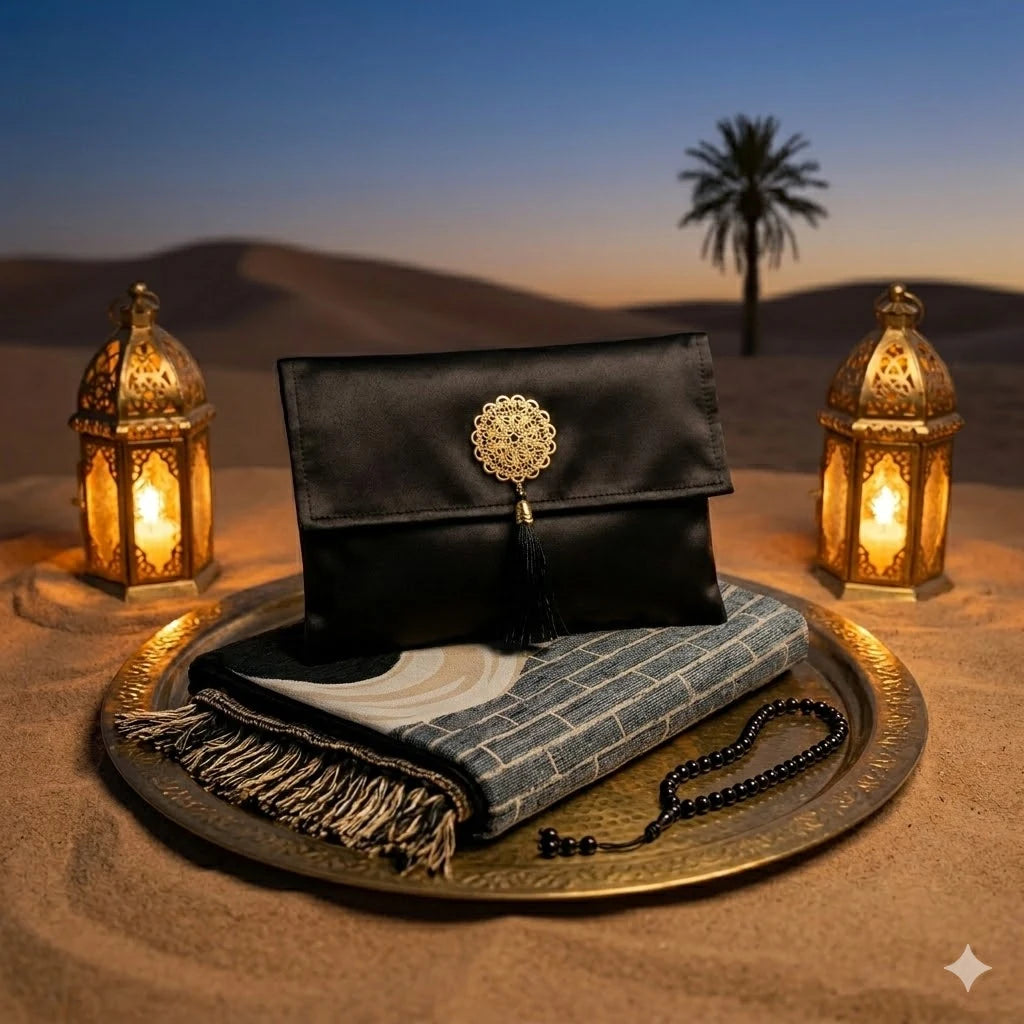 Coffret de prière Noir — Tapis chenille, pochette & tasbih