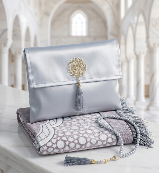 Coffret de prière Blanc — Tapis chenille, pochette & tasbih