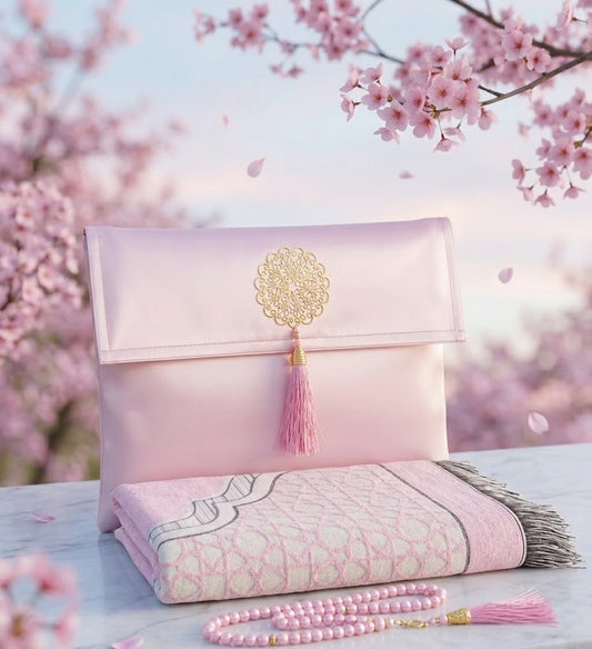Coffret de prière Rose — Tapis chenille, pochette & tasbih