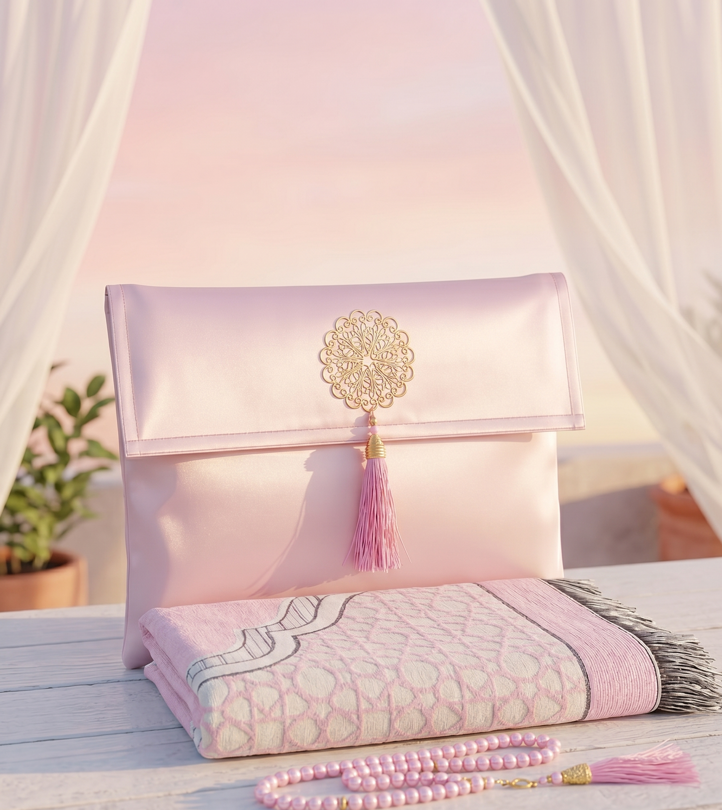 Coffret de prière Rose — Tapis chenille, pochette & tasbih