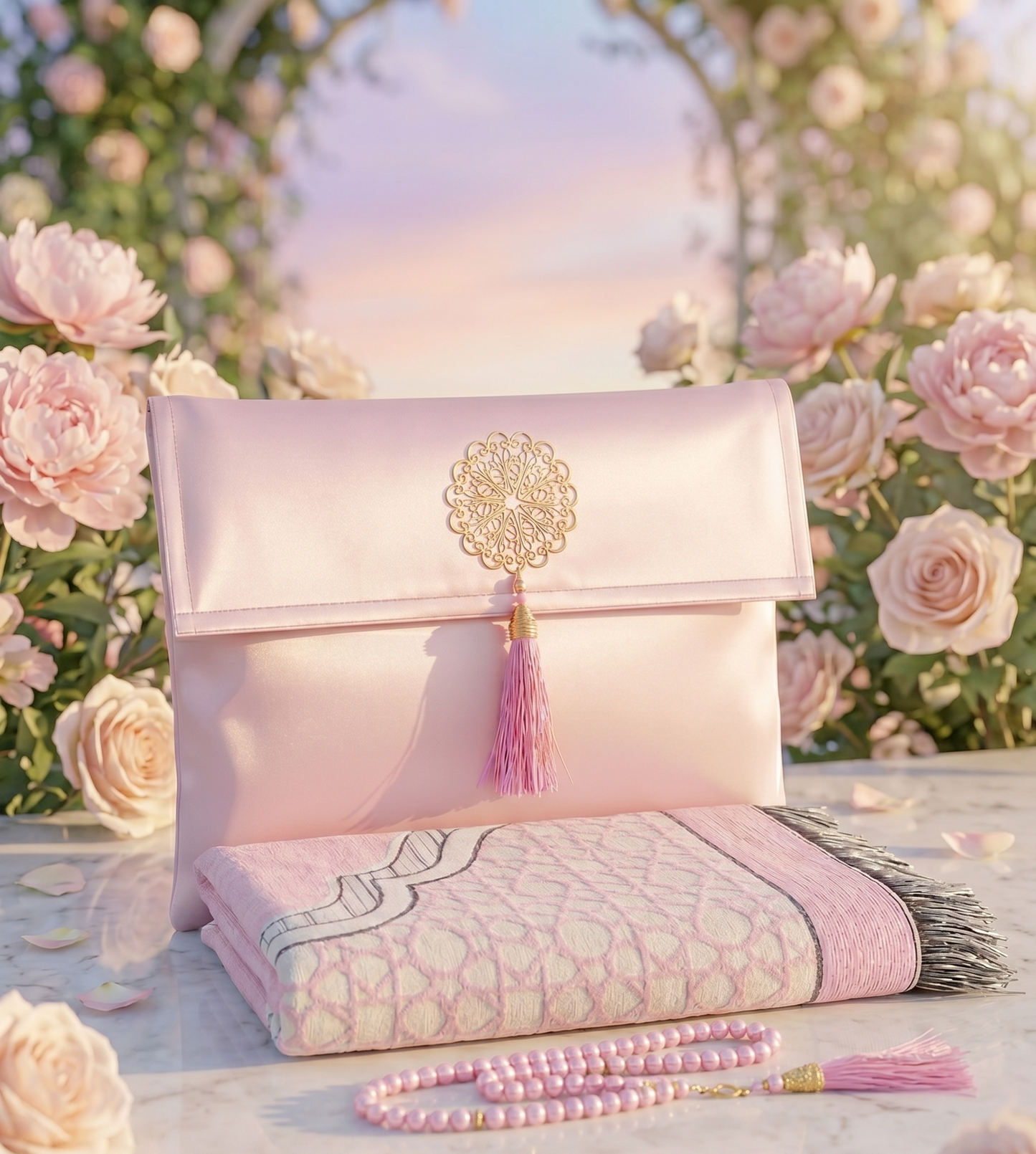 Coffret de prière Rose — Tapis chenille, pochette & tasbih