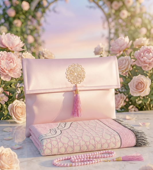 Coffret de prière Rose — Tapis chenille, pochette & tasbih